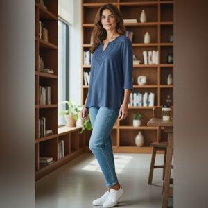 Tommy Bahama Navy V Neck Pima Cotton Stretch Comfy Pullover Blouse Medium